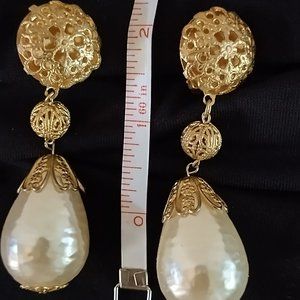 VTG 1980's Huge Faux Baroque Pearl Filigree Dangle Earrings